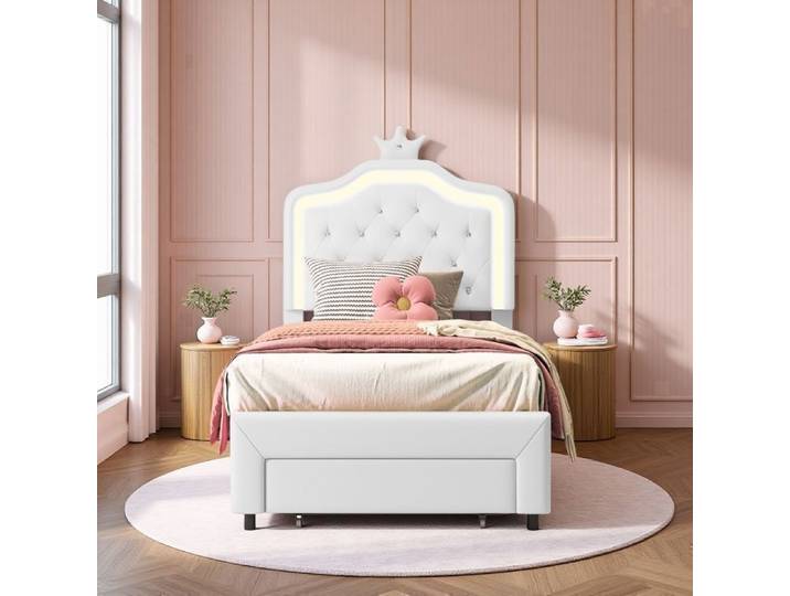 Lit enfant - RWUDV - Lit princesse 90x200cm - LED intégrée - Tiroirs de rangement - Tête de lit couronne