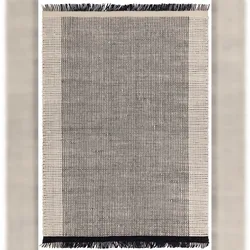 Wollteppich Handgewebt Korbmuster | 160x230cm, 4mm Florhöhe, 14mm Gesamthöhe | Schwarz-Weiß | Mit Fransen | PISA Kollektion | Kadima Design