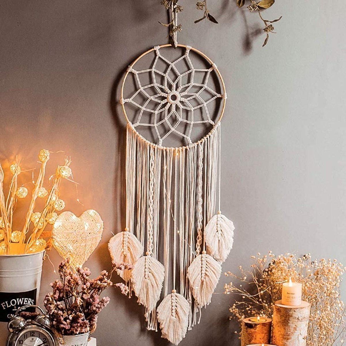 Golden Crown Boho Dromenvanger - Handgemaakt Macramé Wandbehang - Wit