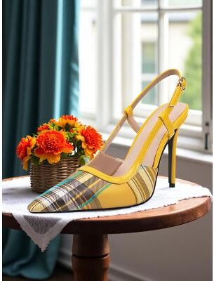 LightInthebox Women's Green Plaid Slingback Stiletto Heels – Retro Tartan Pointed Toe High Heels for Spring Parties, Afternoon Teas, and Vintage-Inspired Looks