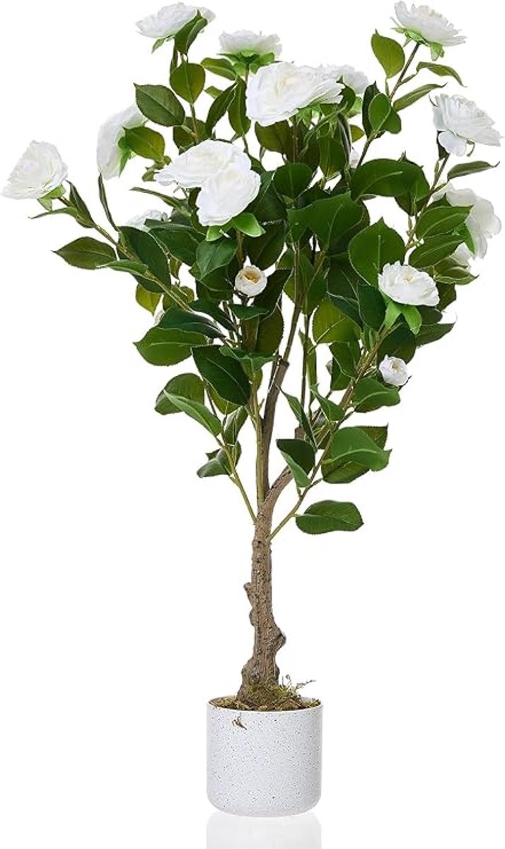 HOERFURIY Witte Kunstmatige Camellia Boom met 20 Bloemen - Compacte Decoratie