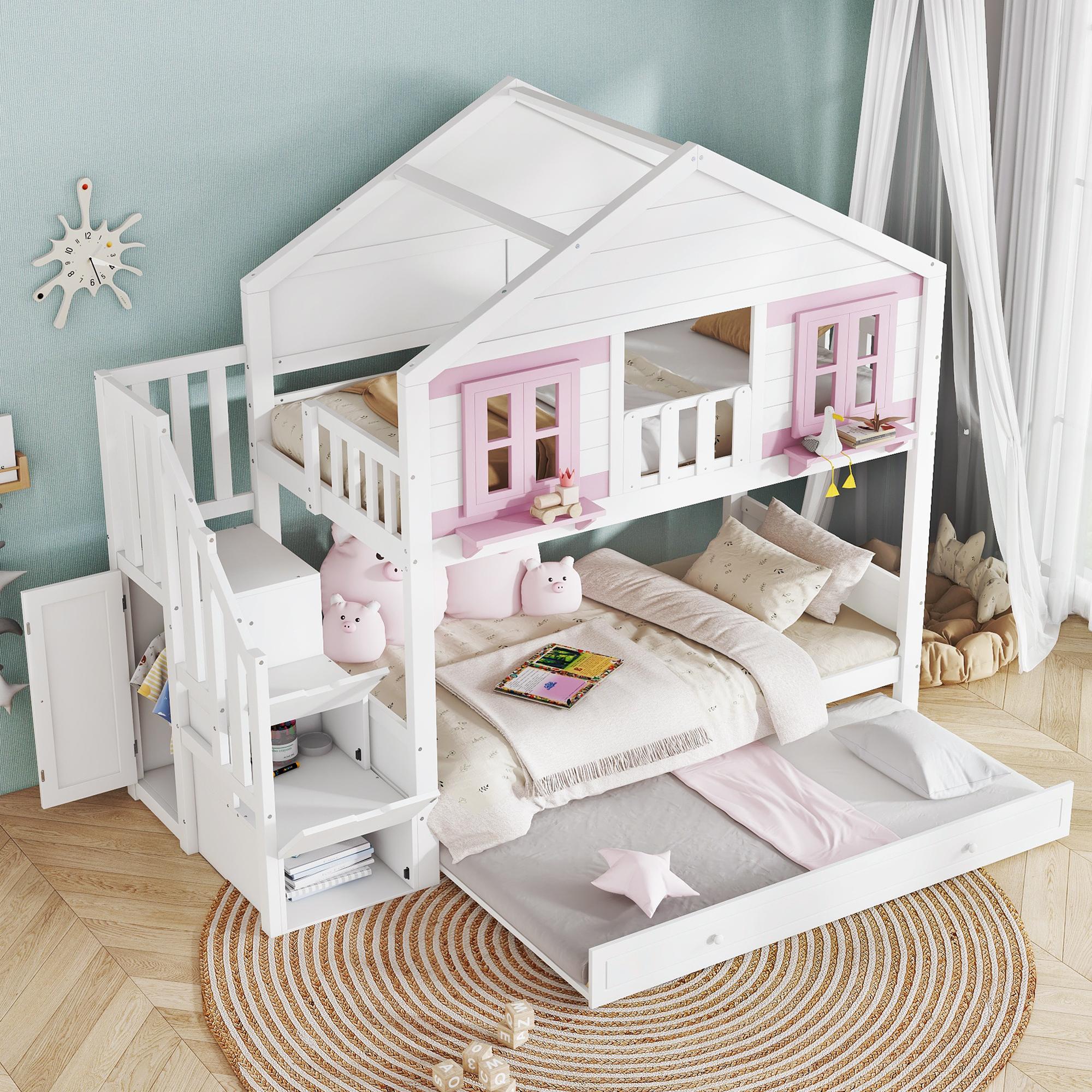 okwish Etagenbett Kinderbett 90x200 cm mit Ausziehbett,Hausbett,Doppelbett mit Kleideraufhängebereich,Holzbett mit Schöne Fenster und Dach,Weiß + Rosa(ohne Matratze)