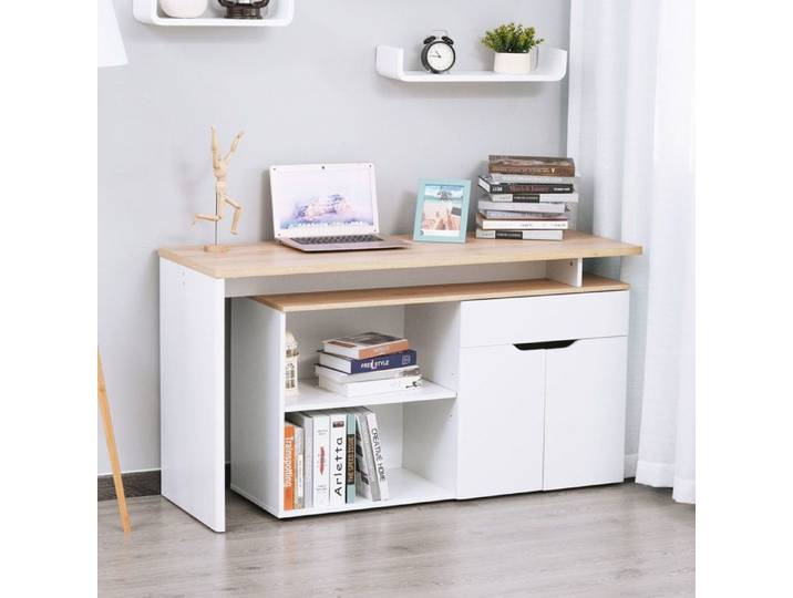 Bureau d'angle - Bureau informatique multimédia modulable - Modulable - Multi-rangements - Blanc aspect bois