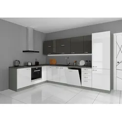 Küche Bianca Ecke V 210x330 Küchenzeile Hochglanz Weiss + Grau Küchenblock Grey