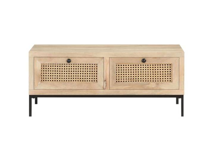 Table basse en bois de manguier - KALISSE - 90x50x37 cm - Bois de manguier massif - Canne naturelle - Finition blanchie