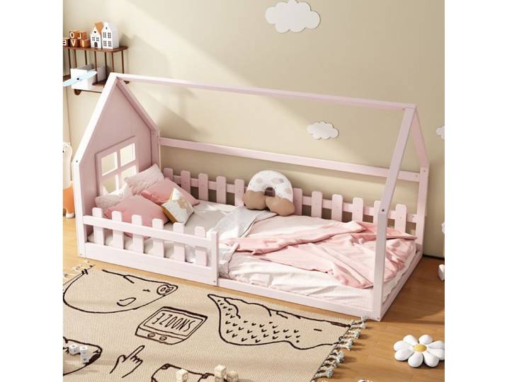 Lit enfant 90x200 cm rose cabane en pin massif