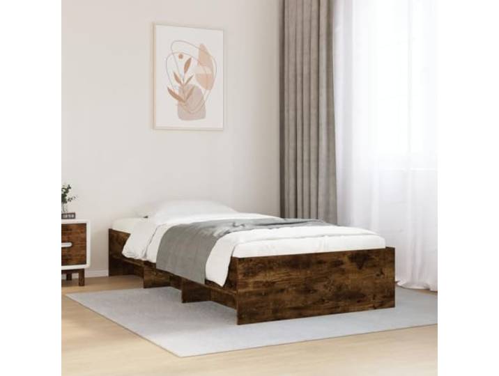 RJPLMFV Bettgestell, 90 x 190 cm, Holz, Raucheiche, ohne Matratze Lattenrost inklusive, Aufbewahrungsfächer, langlebig und stabil