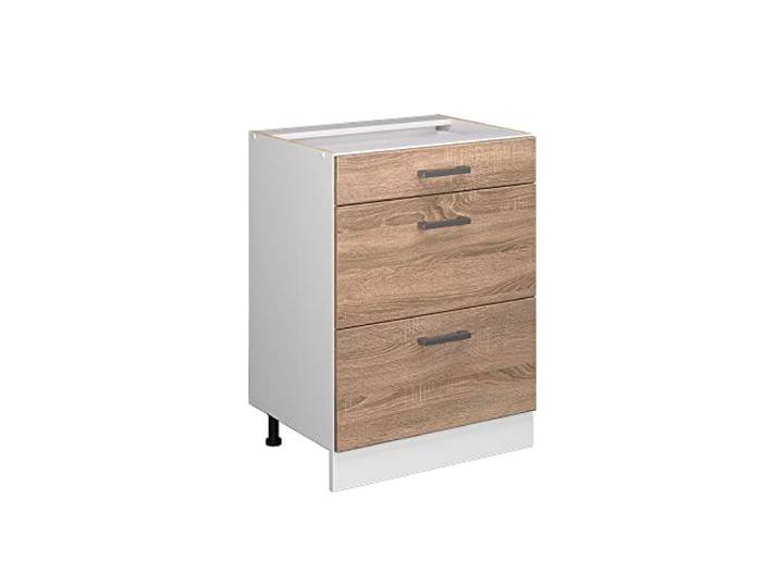 Vicco Küchenunterschrank R-Line, Sonoma, 60 cm 3 Schubladen · Ohne Arbeitsplatte · Höhenverst. Füße · Leichter Zugriff · Frei kombinierbar