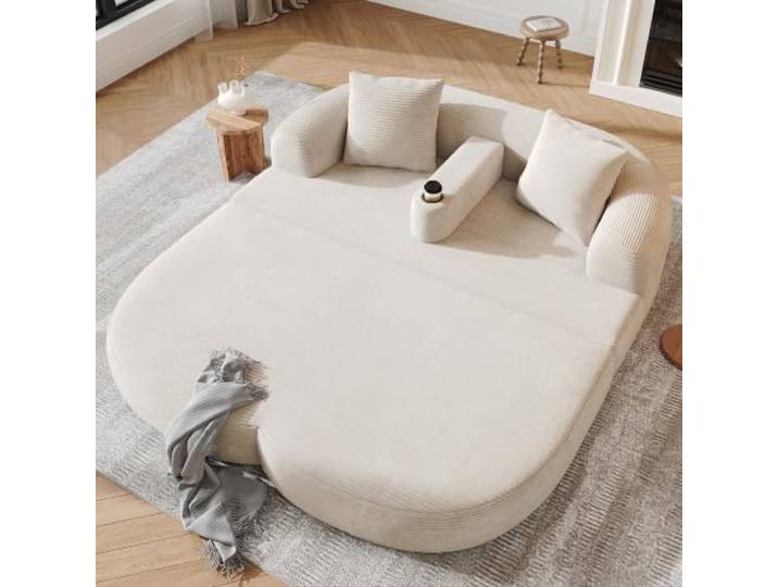 Modernes 2-Sitzer Bodensofa aus Cordstoff, Klappbares Loungesofa，Hellbeige mit Lounge-Funktion, Vakuumkomprimiert, Montagefrei, Abnehmbare Armlehne mit Becherhalter, für Wohnzimmer & Apartments