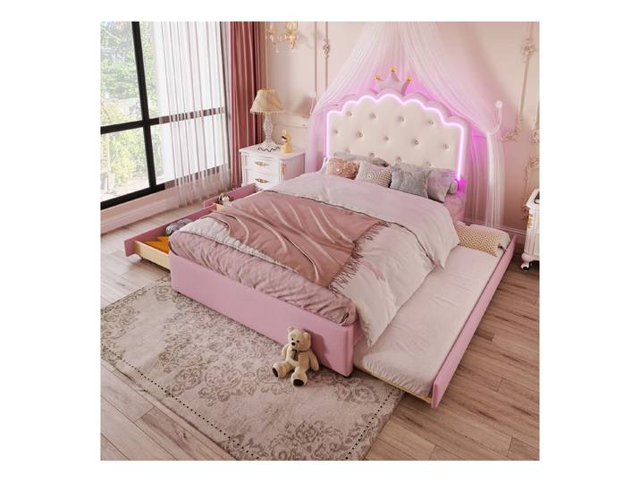 Ulife Polsterbett Jugendbett Kinderbett, Kronprinzessinnen-Design, 2 Schubladen (ohne Matratze), mit LED-Umgebungslicht, Ausziehbett