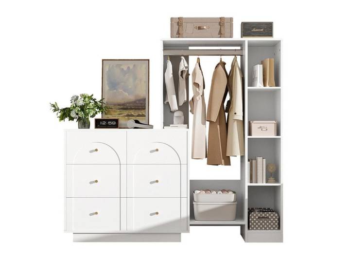 Armoire polyvalente moderne Armoire ouverte avec tringle à vêtements 6 tiroirs et étagères latérales pour Chambre blanc 139x35x133cm