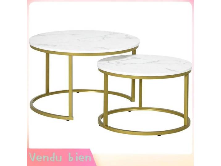 LIA Lot 2 tables gigognes rondes plateau marbre acier blanc/doré Ø74x46 3cm