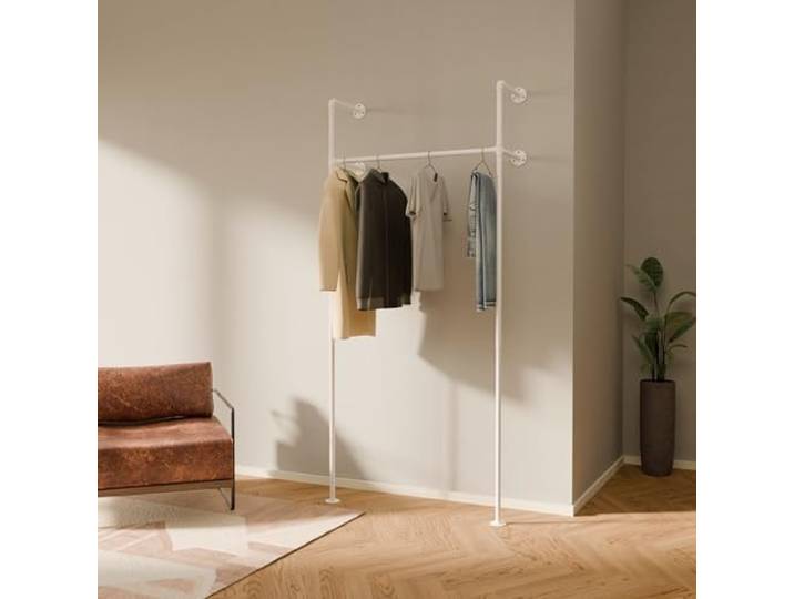 pamo Kleiderstange Wandmontage 120 kg Traglast – Offener Kleiderschrank Industrial Kleiderständer Weiß aus Metall Wasserrohren - stabil & robust
