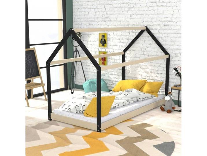 Lit cabane PANDA 90x190 + 1 sommier + matelas IRIS / Bois clair et Noir
