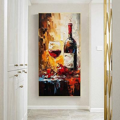 Flasche Wein Gemälde handgemaltes Glas Wein Original Kunst Rotwein Zuhause Zimmer Wanddekoration Küche Kunst moderne gerollte Leinwand ohne Rahmen