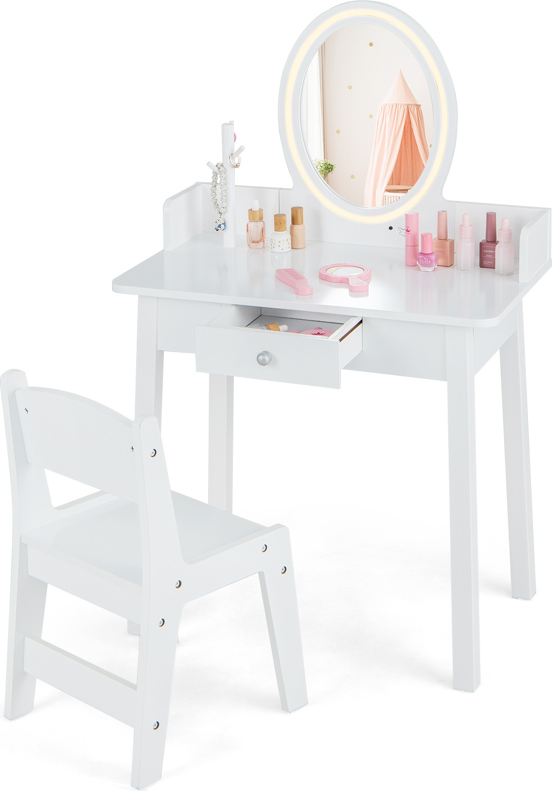 Costway 2-in-1 kindermake-uptafel met krukje en verlichte spiegel, wit