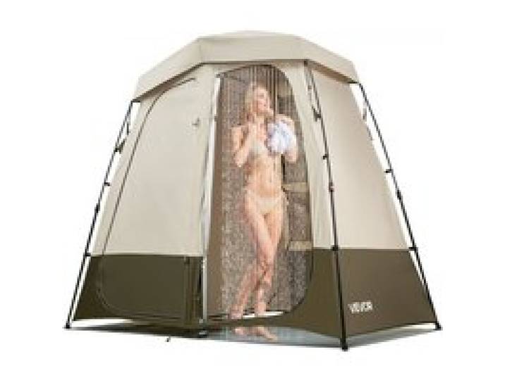 VEVOR Duschzelt mit 2 Räumen, Toilettenzelt (250x122x218 cm) mit Sichtschutz, Umkleidezelt inkl. Heringen & Seilen & Tragetasche & Querstange, aus 150D Oxford-Gewebe für Camping Strand Angeln Khaki