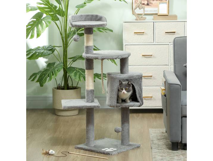 PawHut Arbre à Chats Gris 114cm Griffoirs Niche Plateformes