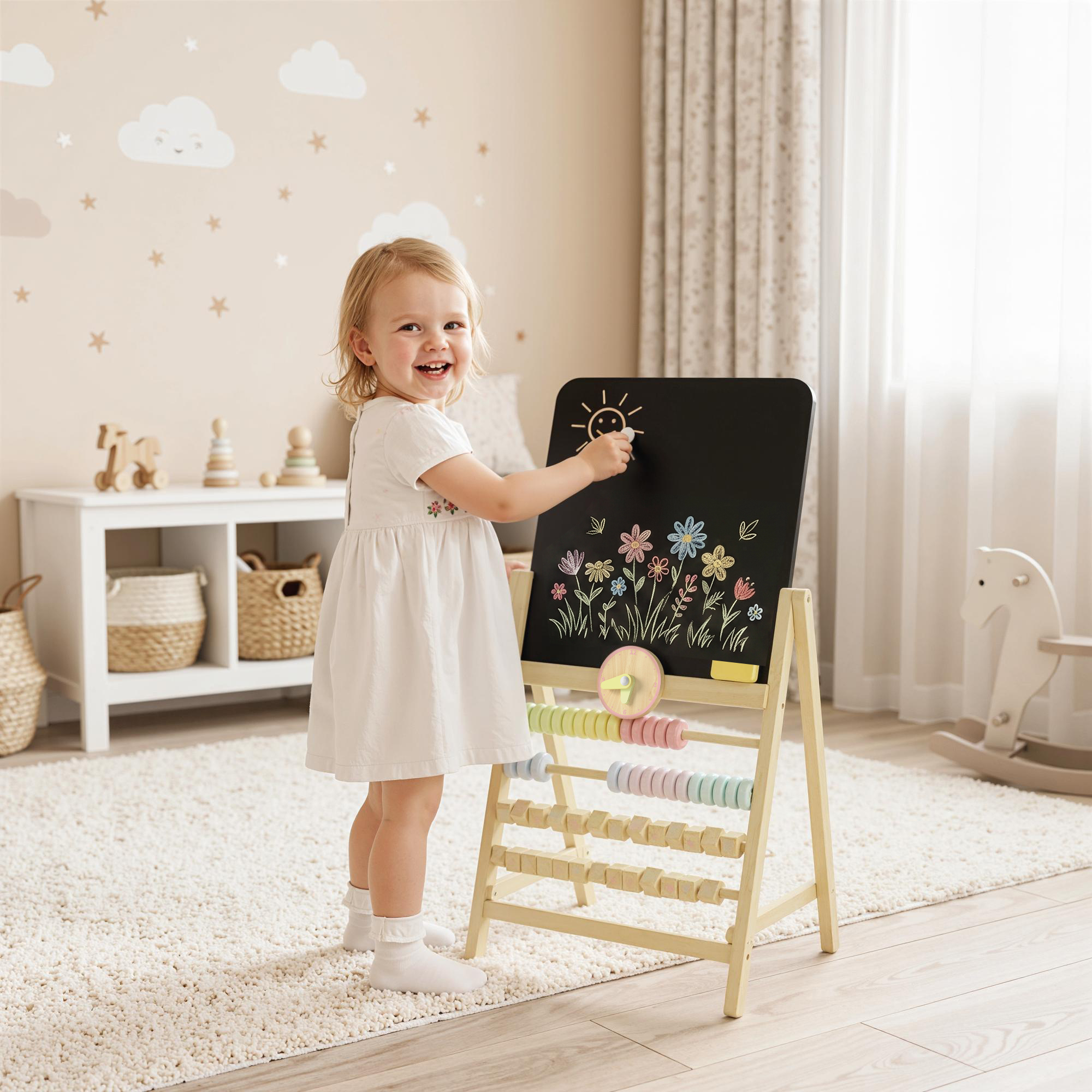 Aiyaplay Lavagna per Bambini Cancellabile in Legno con Cavalletto, Orologio, Abaco, Cancellino, 2+ Anni, Color Legno   Aosom Italy