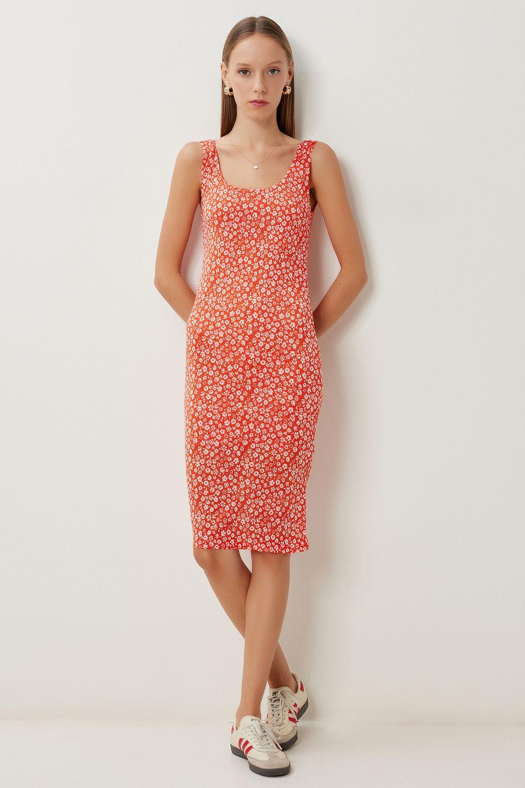 Blumenbedrucktes ärmelloses Midi-Kleid mit U-Ausschnitt