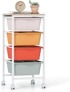 Costway 4-Drawer Rolling Storage Cart Mobile Utility Organizer with Wooden Tabletop and Lockable Wheels-Macaron