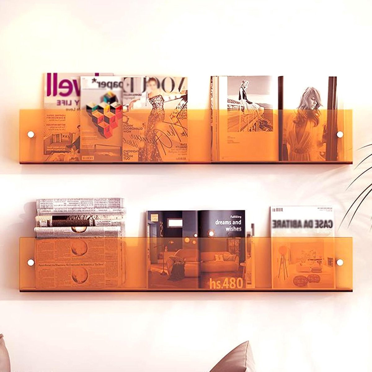 Zwevende Oranje Acryl Wanddisplay Plank voor Documenten Opslag - 60 cm