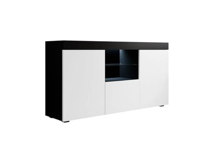 MB Muebles Bonitos Wohzimmer Esszimmer Schrank Möbel Sideboard Modell Natolia Breite 150 x Höhe 83 x Tiefe 40 cm Mattes Melamin 3 Türen LED-Beleuchtung Schwarz und Weiß