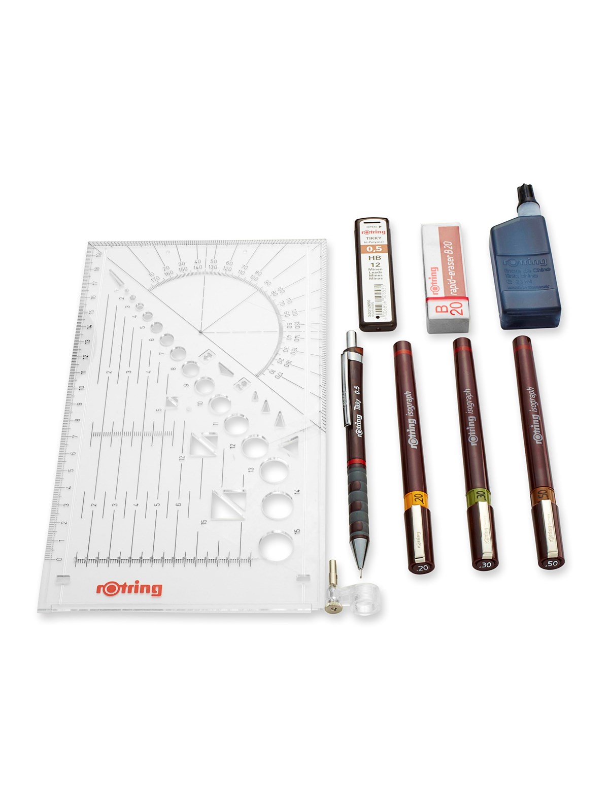 Rotring rOtring Isograph Fineliner College Set | 3 Isograph Tuschefüller (0,20 mm, 0,30 mm und 0,50 mm), Tikky Druckbleistift (0,5mm) und Zubehör