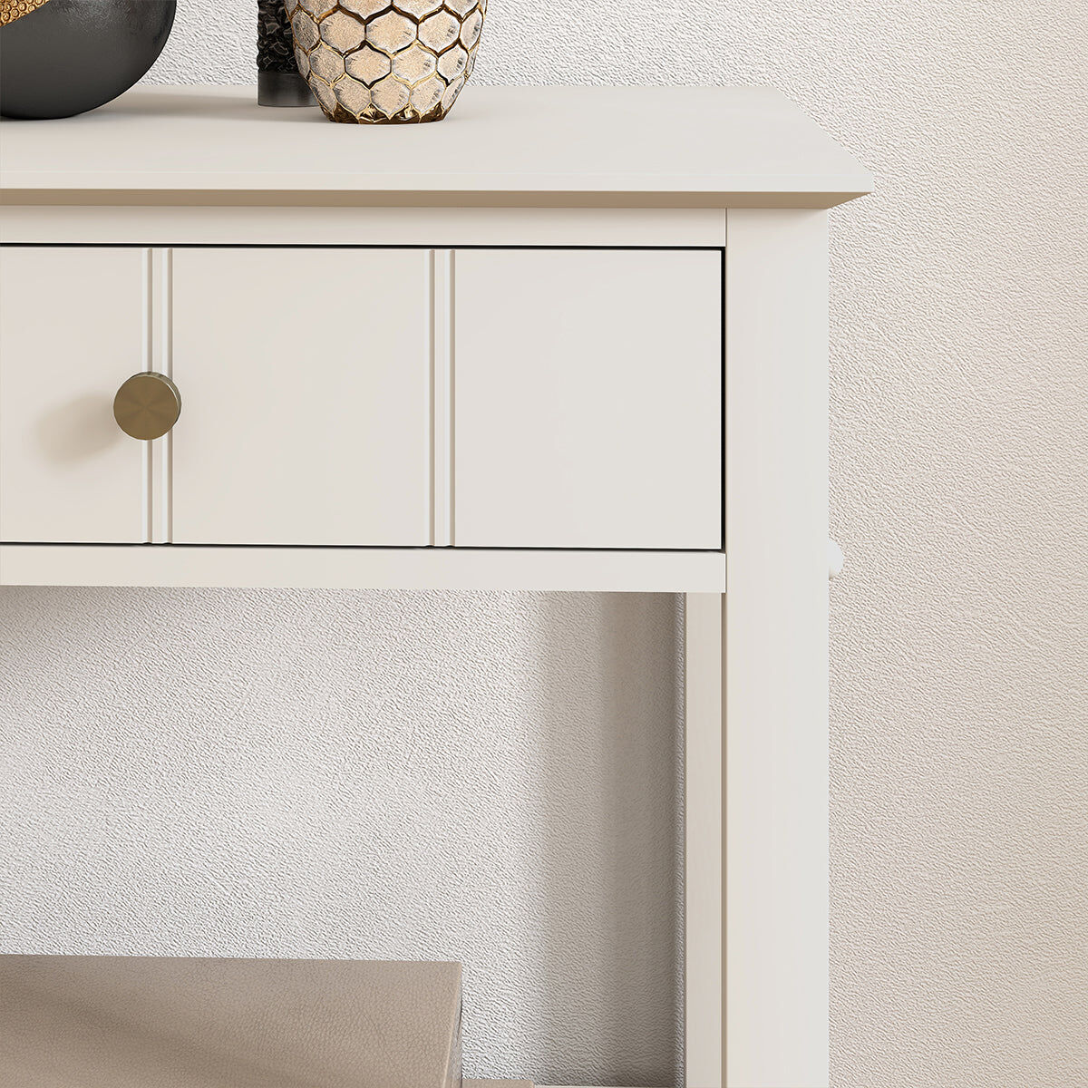Large 3 Drawer Console Table with Shelf - Padstowe Ivory Range Wood, Metal