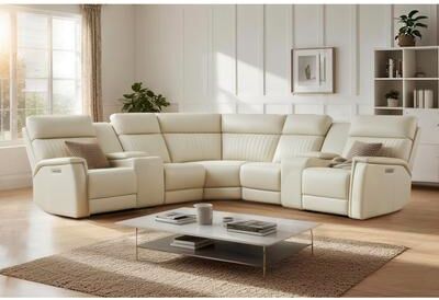 UR livingroom Genuine Leather Power Recliner Sectional Sofa with Ajustable Headrest, Power Lumbar, USB&USB-C Port