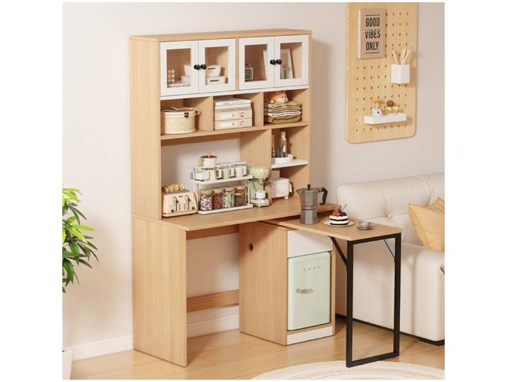 Bureau secrétaire AESVAR avec meuble haut 180 cm et plateau pivotant MDF blanc et naturel