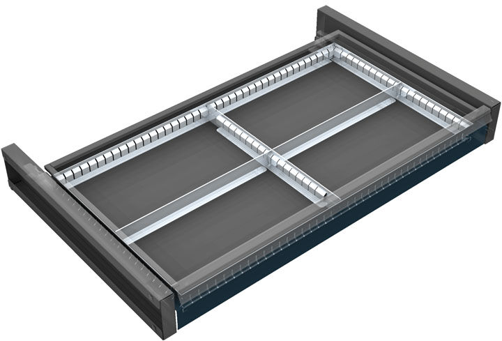 Organizér nářadí do zásuvky skříní KOVOS se šířkou 950 mm, 4 přihrádky