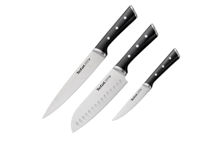Tefal Ice Force 3-teiliges Messerset, Fleischmesser 20 cm, Santokumesser 18 cm, Universalmesser 11 cm, deutscher Edelstahl, lang anhaltende Schneidleistung und Schärfe, Edelstahl/Schwarz, K232S374