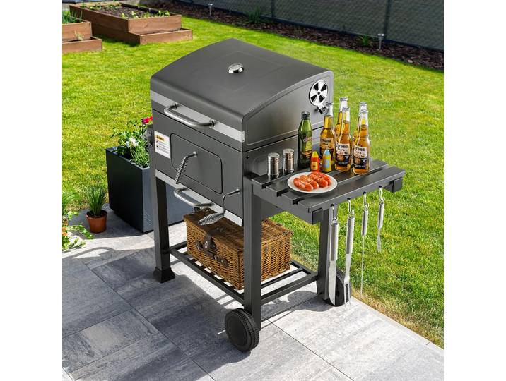 Barbecue au charbon de bois, chariot barbecue au charbon de bois, barbecue fumoir au charbon de bois avec couvercle, 2 roues, grille de cuisson, thermomètre, barbecue pour camping, jardin, fête