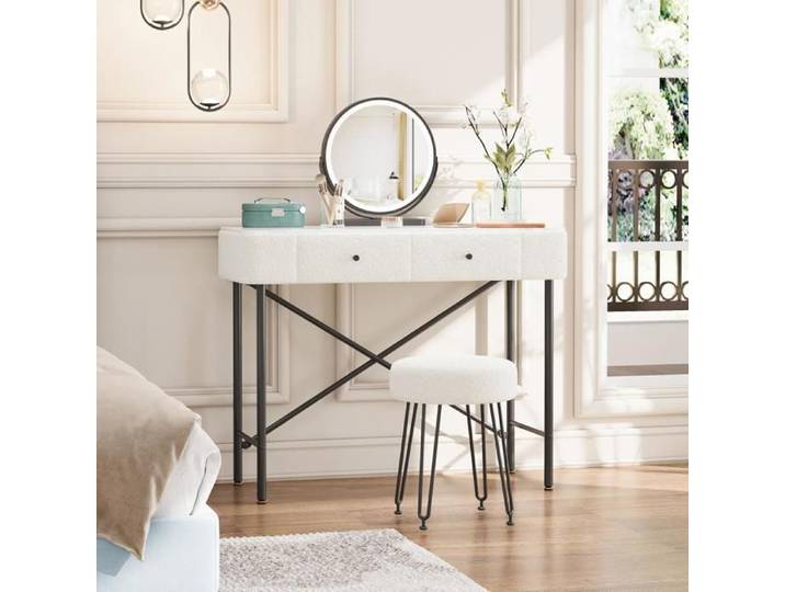 Coiffeuse Blanche 100x40x120 cm avec Miroir LED 3 couleurs Tabouret 2 Tiroirs Plateau Effet Marbre – Chambre Appartement