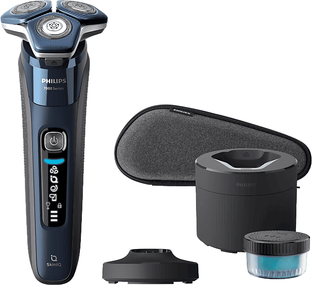 Afeitadora - Philips S7000 S7885/55, eléctrica, Seco y mojado, Base de limpieza, Conexión app, Soporte carga, Cortapatillas, Azul