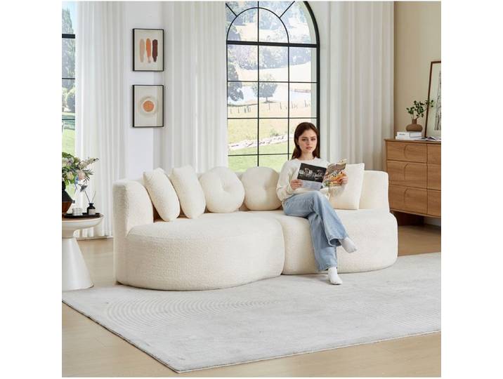 Canapé modulaire 3 places 2 pièces avec dossier continu 6 coussins chenille beige 2 colis - UVRION
