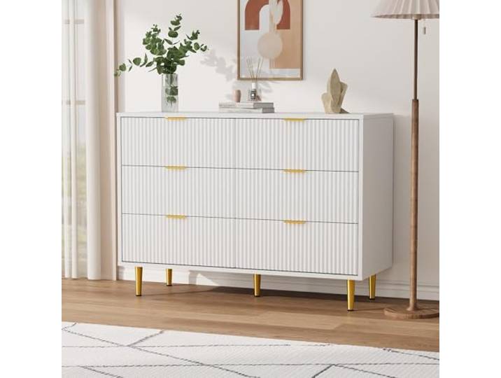 GarveeMore Viel Stauraum & modernes Design – Nachttisch mit 6 Schubladen – Wellenfront, goldene Griffe & Beine, stabil & platzsparend weiß