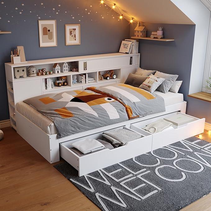 Kinderbett 140x200 cm, Multifunktionales Daybed mit Schubladen, Bücherregal & Stauraum, Verstellbare Regale, Platzsparendes Design, für kleine Räume, Weiß (Ohne Matratze)