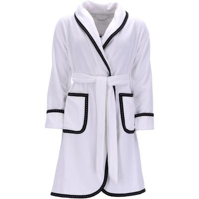 Damenbademantel VOSSEN "Limbo, ideal für Sauna & Spa, Hotelbademantel, Morgenmantel" Gr. M, weiß, L:95cm, Baumwolle, Hausmäntel, mit Schalkragen, Uni Farben, Schwarzes Kofferband