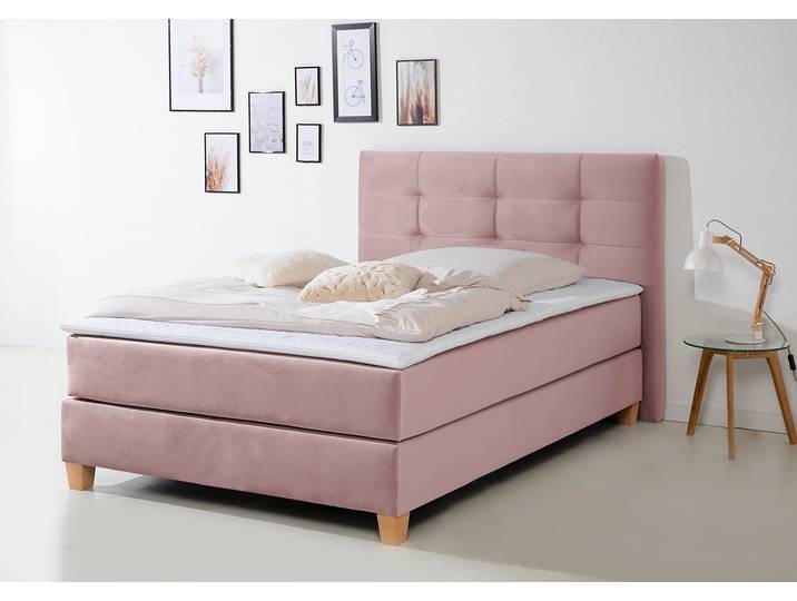 Boxspringbett, Samtstoff, Lila, 134×211 cm, Inkl. Topper, 7-Zonen-Kaltschaummatratze, Modern, Home Affaire
