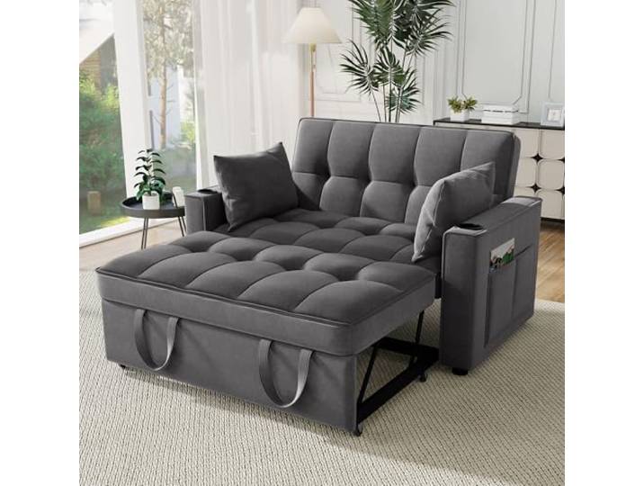 Laxnb 2 Sitzer Sofa mit Schlaffunktion, Klappbares Schlafsofa, Doppelsofa Kleine Couch Sofa, Polstersofa mit verstellbare Rückenlehne & Getränkehalter, Multifunktionssofa für Wohnzimmer, Velvet Grau