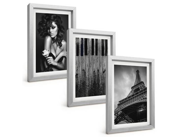 BILDER SET 3er Set - 20x30 cm Silberner Rahmen - Porträt einer Frau mit einer Eiffel-Rose