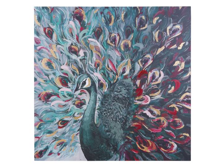 Bedruckte und bemalte Leinwand, mehrfarbiger Pfau, 110 x 110 cm