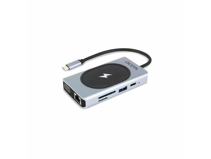 DICOTA D32059, USB Type-C, HDMI, RJ-45, USB 4 Type-A, USB Type-C, VGA, MicroSD (TransFlash), SD, Noir, Argent, Aluminium, 100 W
