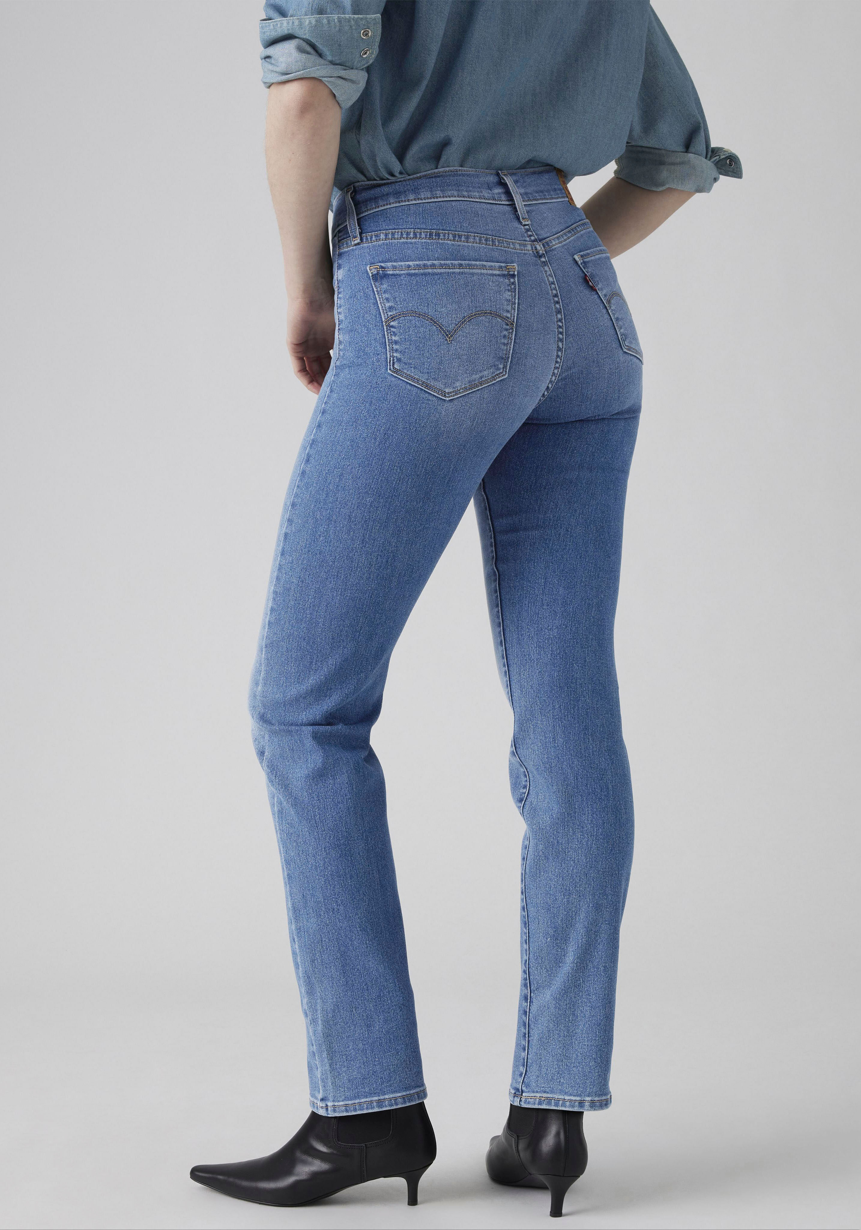 Gerade Jeans LEVI'S "314 Shaping Straight", Damen, Gr. 28, Länge 34, blau (cool satisfaction), Denim/Jeans, Obermaterial: 74% Baumwolle, 24% Polyester, 2% Elasthan, gerade lang, Jeans Gerade Jeans, mit Stretch
