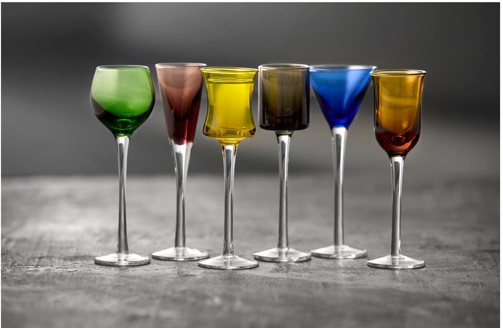 Schnapsglas "Lyngby Coloured Glas 6 Stück, assortiert", bunt (mehrfarbig), H:16cm, Glas, Trinkgefässe, Schnapsglas mehrfarbig 16cm, 25ml, 6 Stk.