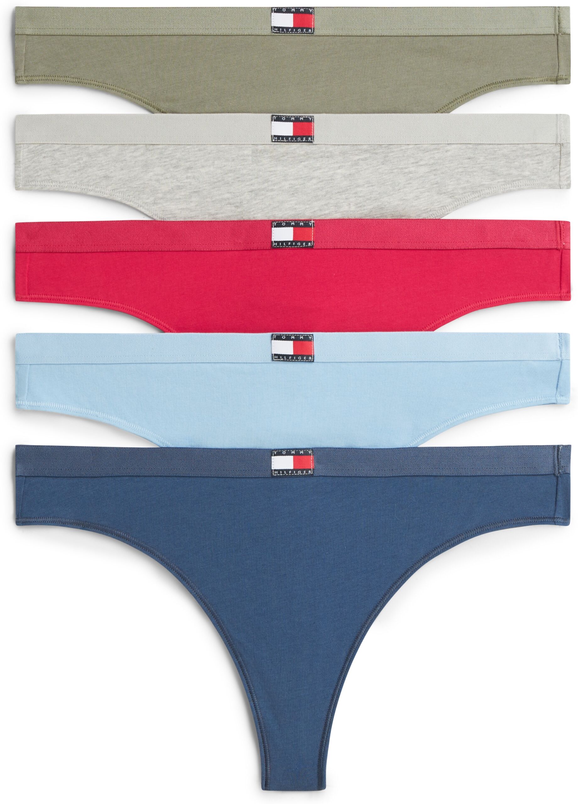 Tanga "5 PACK FLAG THONG", Damen, Gr. L (40), 5 Stk., bunt (v pink, l blau, a sea, g htr, u sage), Jersey, Obermaterial: 95% Baumwolle, 5% Elasthan, TOMMY HILFIGER UNDERWEAR, körpernah, Unterhosen Tanga, mit Logo v pink, l blau, a sea, g htr, u sage L (40