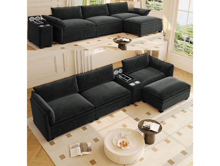 Canapé d'angle 3 places réversible Canapé modulable en chenille avec LED recharge sans fil haut-parleur porte-gobelets pouf