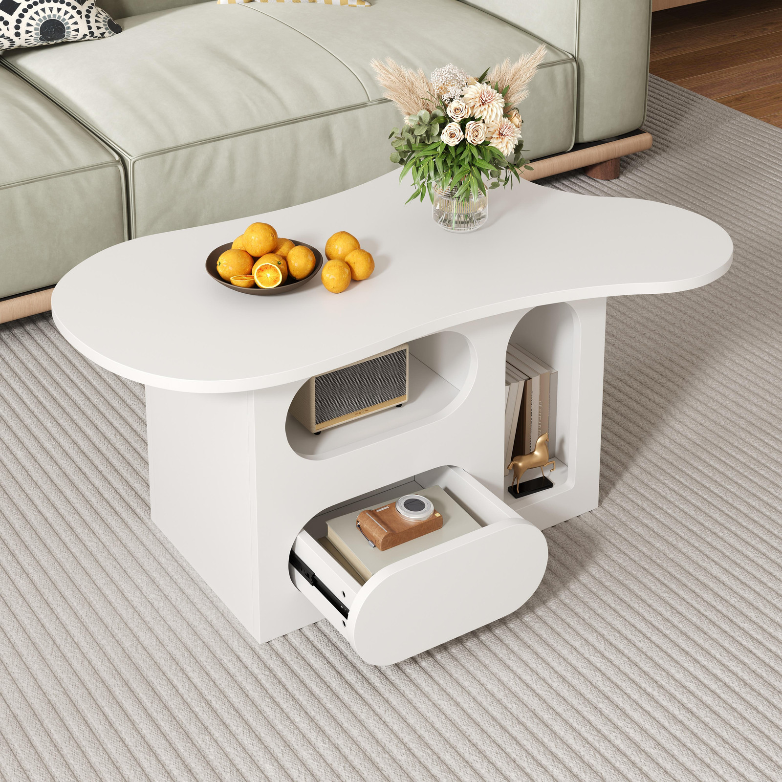 OKWISH Conferentietafel in wolkvorm met lades en open planken, wit